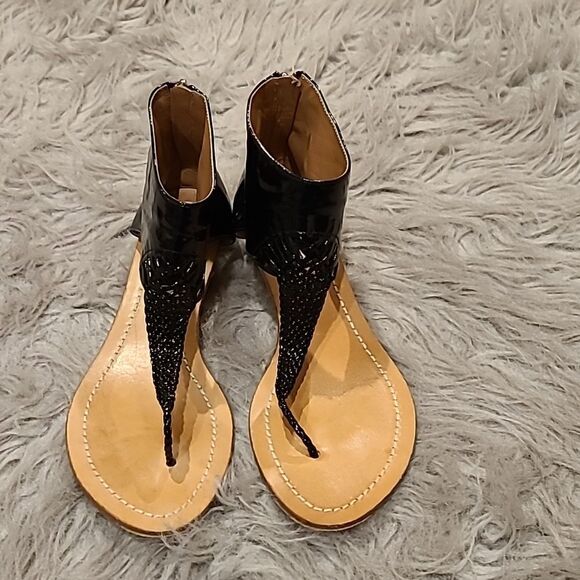 Sigerson Morrison womens‎ black and tan thong saddles with zip back size 8 1/2 - Picture 1 of 8